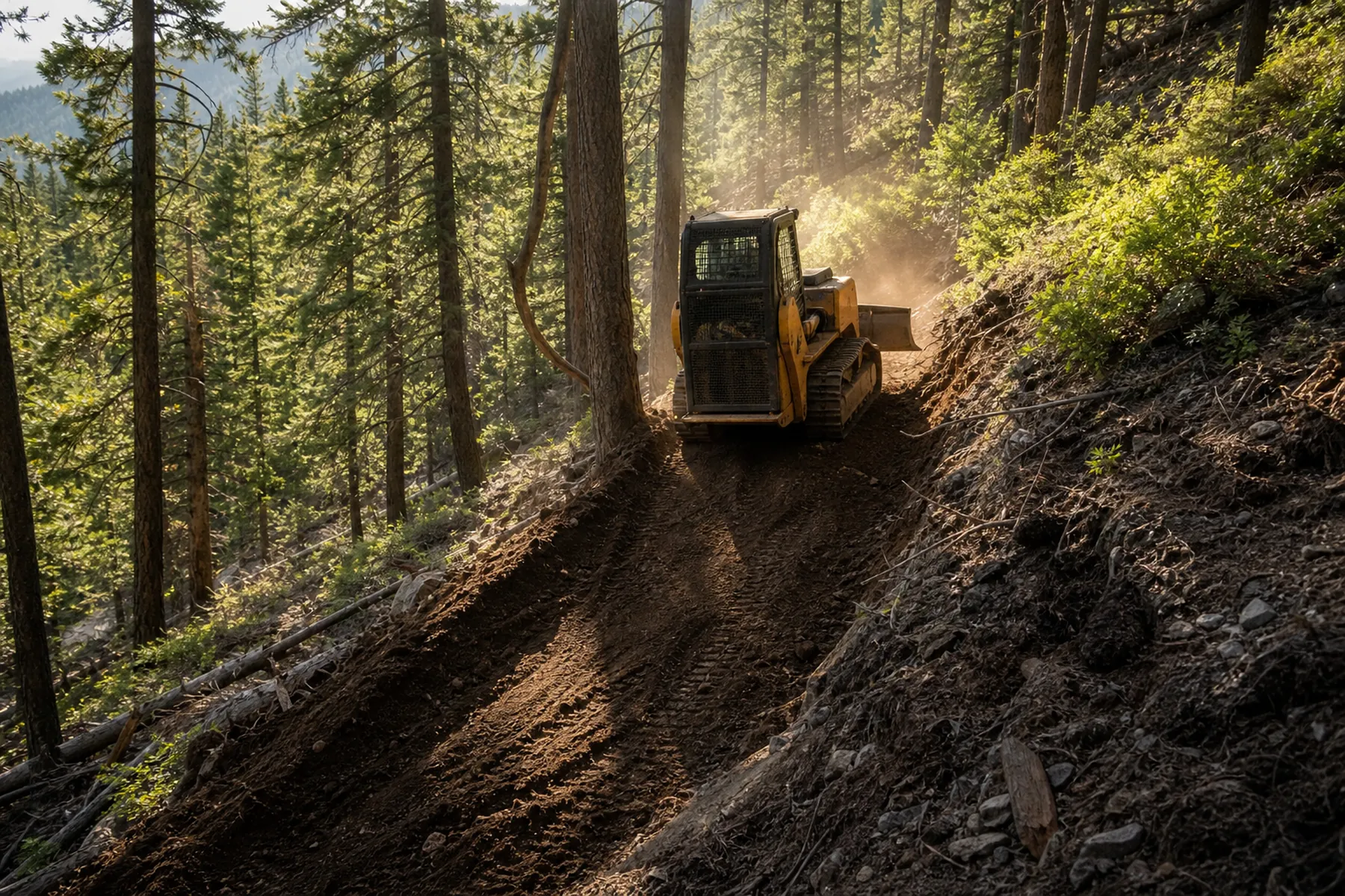 A compact tracked trail dozer cutting a fresh bench of singletrack into a forested mountain hillside