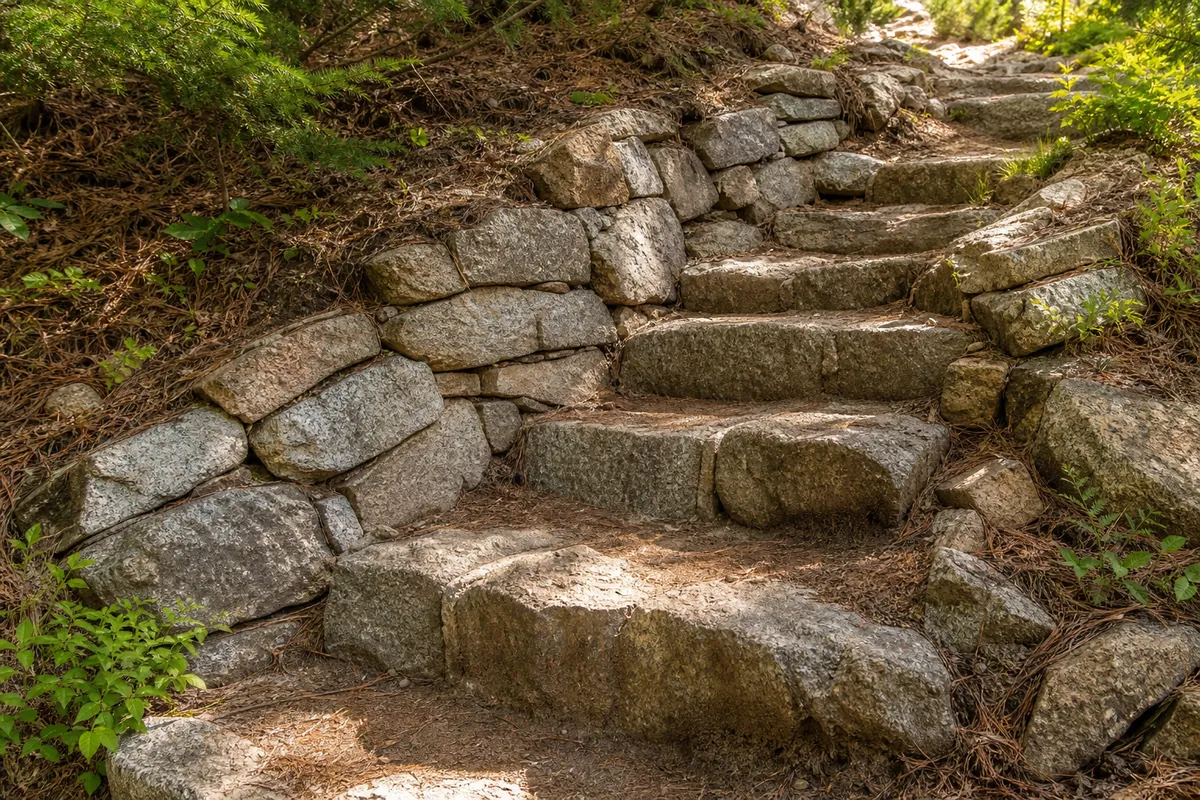 Hand-set granite steps and a dry-stacked stone retaining wall built into a steep mountain trail
