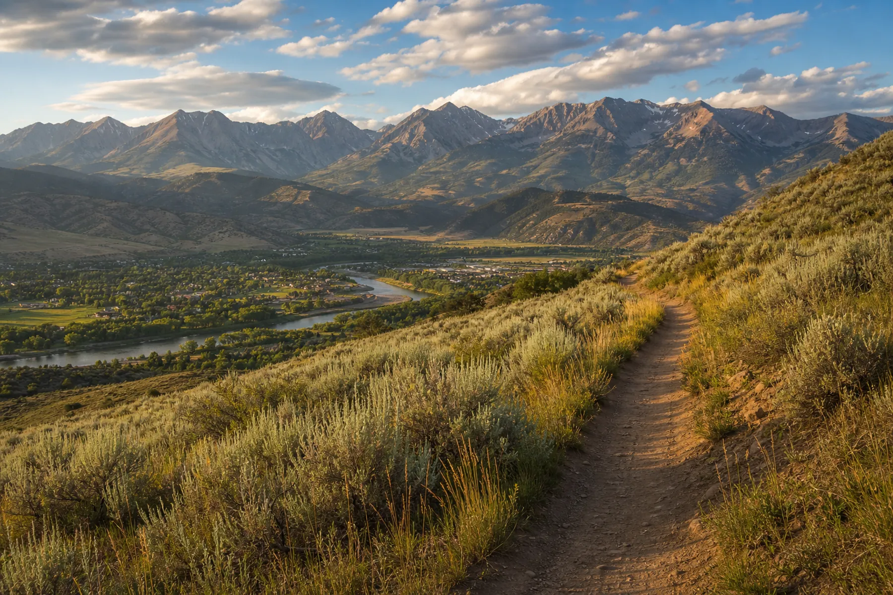 A dirt singletrack trail traversing a sagebrush hillside high above a Colorado river valley