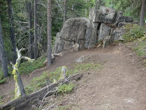 Dirt singletrack curving around the base of a large blocky granite outcrop in a lodgepole forest