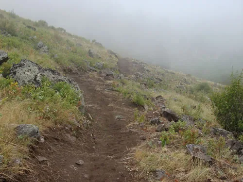 Dirt singletrack running along an open ridge and disappearing into thick fog