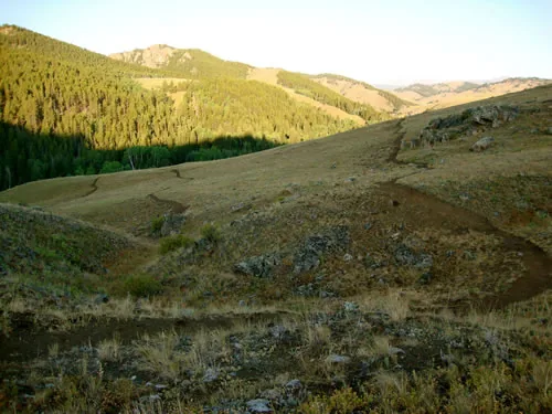 A broad mountain valley in warm evening light with a faint trail traversing the far grassy slope