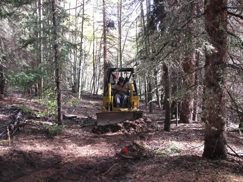 A yellow tracked trail dozer cutting new tread through dense conifer forest with a blade full of fresh dirt