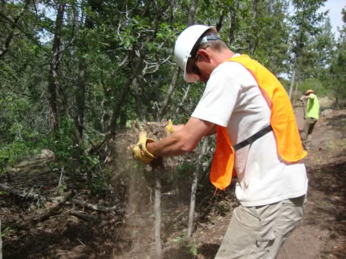 A worker in a white hard hat and orange safety vest tosses a shovelful of duff off a new trail line