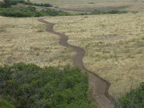 Newly cut singletrack winding in an S-curve across an open grassland hillside, seen from above