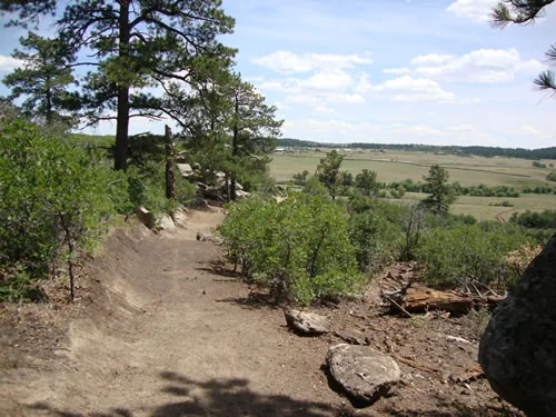 Dirt trail running beneath ponderosa pines along a rocky bench with open grassland visible beyond