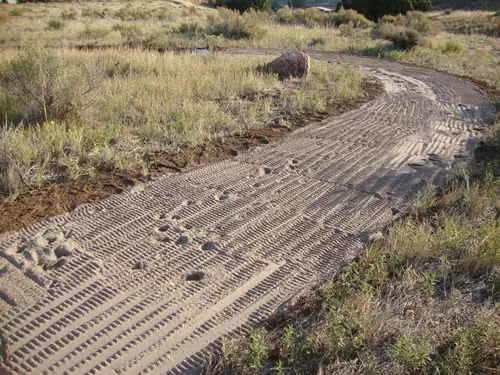Close view of a freshly compacted trail tread showing dense roller and track imprints, curving away through dry grass