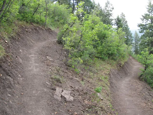 Switchback turn on an open hillside with upper and lower legs of freshly cut dirt trail either side of a brushy island