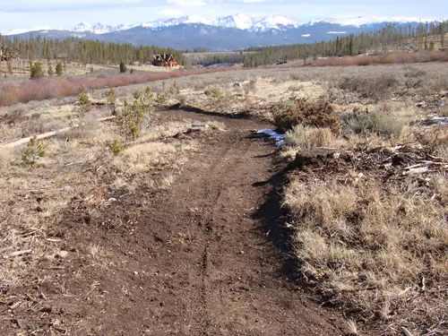 A wide bench of fresh trail tread runs through low brush and grassland toward a long snow-covered mountain range.