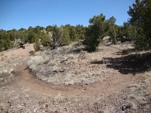 A narrow dirt singletrack contours across a dry pinyon-juniper hillside under a deep blue sky.